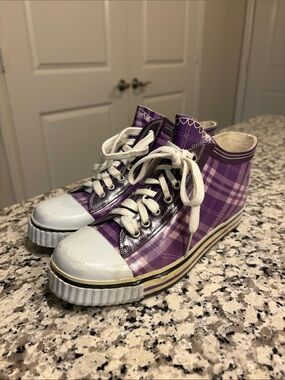Kids Purple Plaid High-Top Sneakers - White Toe